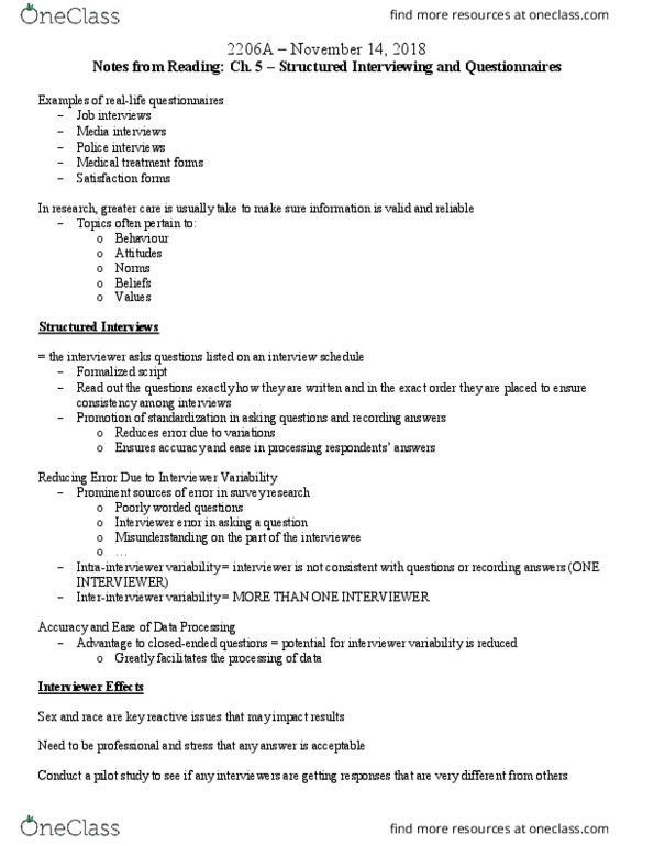 Sociology 2206A/B Chapter Notes - Chapter Ch. 5: Structured Interview, Laziness, Precoding thumbnail